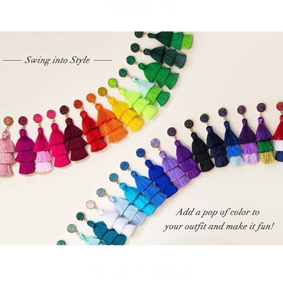 14K Yellow Gold with Sky Blue Silk Thread Tassel and Quartz Druzy Post Earrings - Picture 8 of 8